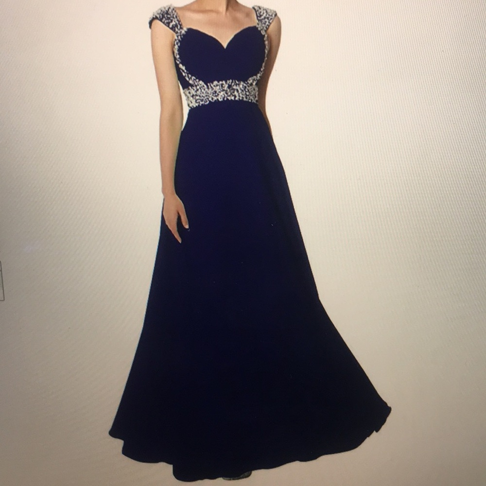 Chiffon Dark Blue Beaded Prom Dress